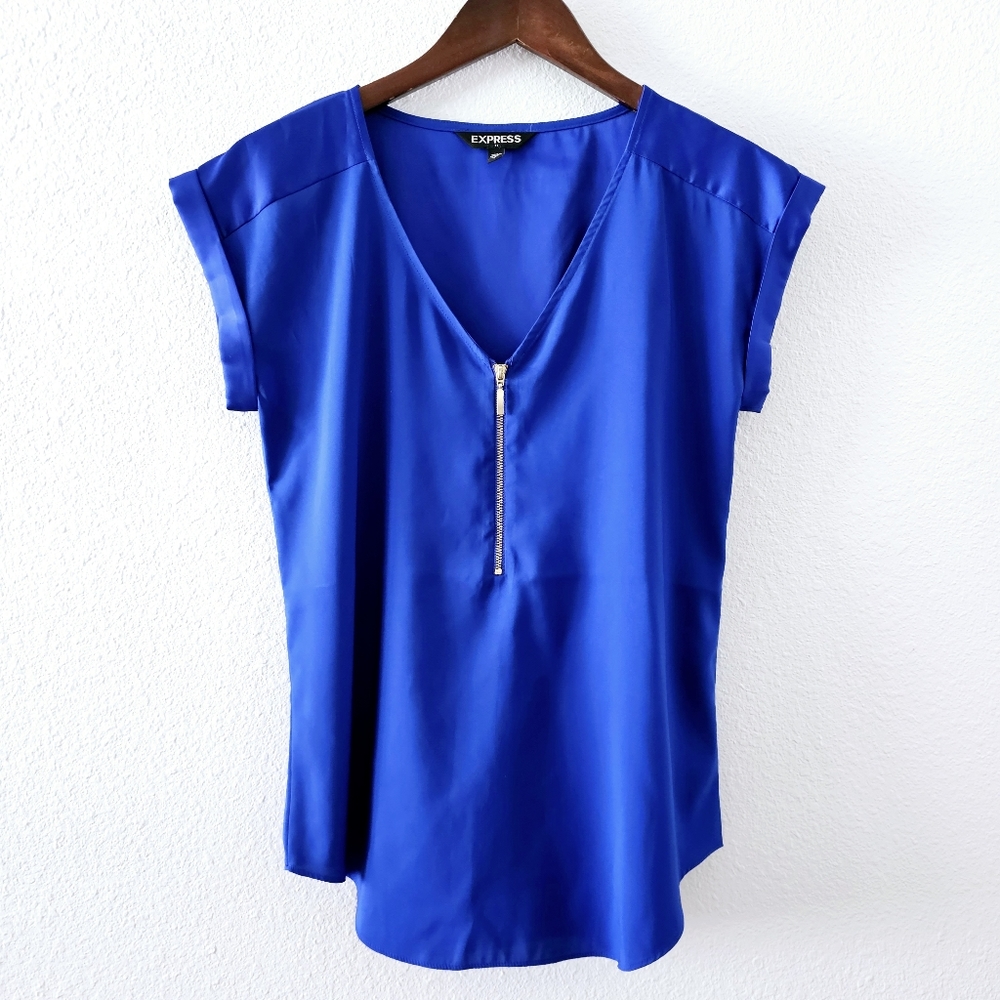 Express blue V neckline top size S petite zipper cap sleeve lightweight